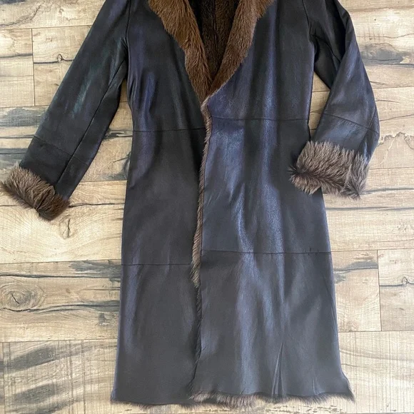 Vintage WHISTLES Dark Brown Soft Leather & Fur Long Overcoat Size Medium